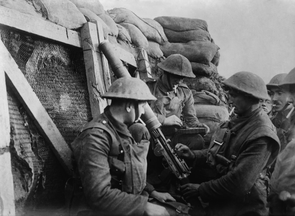 WWI Battlefield with soldiers preparing for war