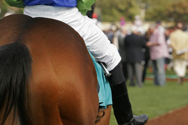 a young man riding a horse in front of a crowd