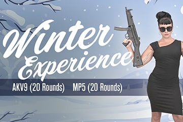 A woman in a dress holds a gun. The words say "Winter Experience" AKV9 (20 Rounds) and MP5 (20 Rounds).