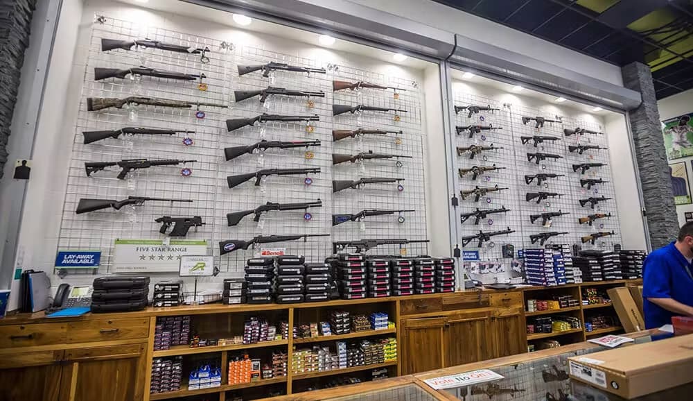 wall of guns at a shooting range called the range 702 in las vegas nevada