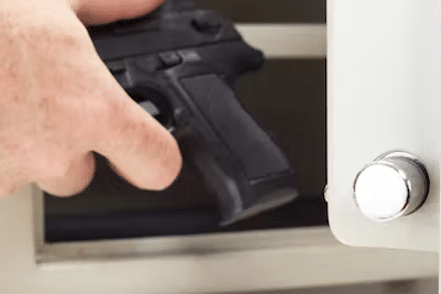 person putting handgun into a safe at home