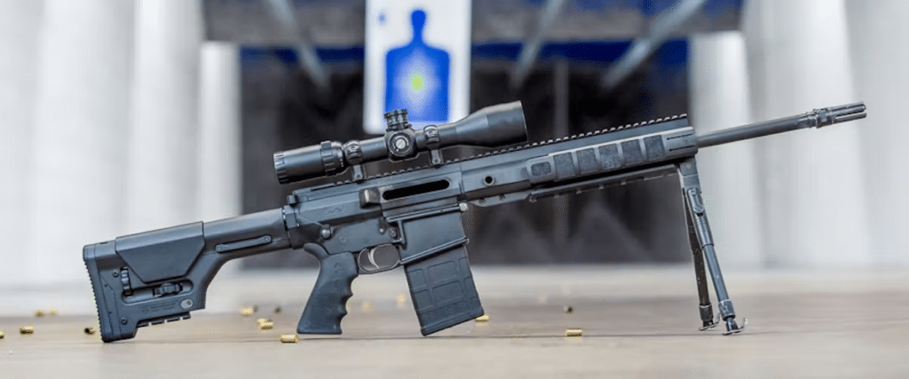 A gun poised in front of a target at The Range 702.