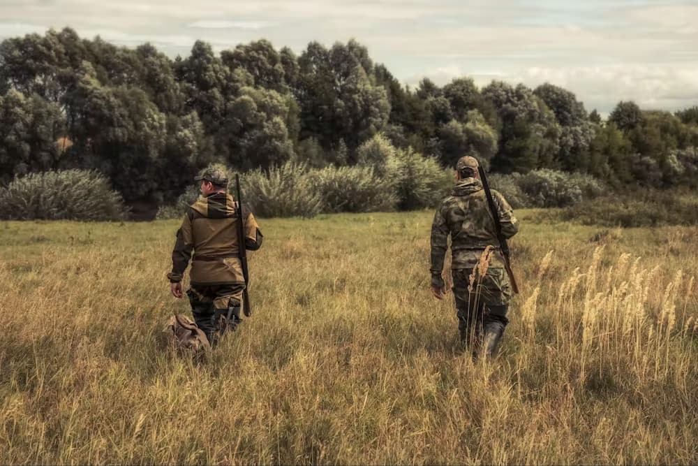 Two hunters walking through tall grass.