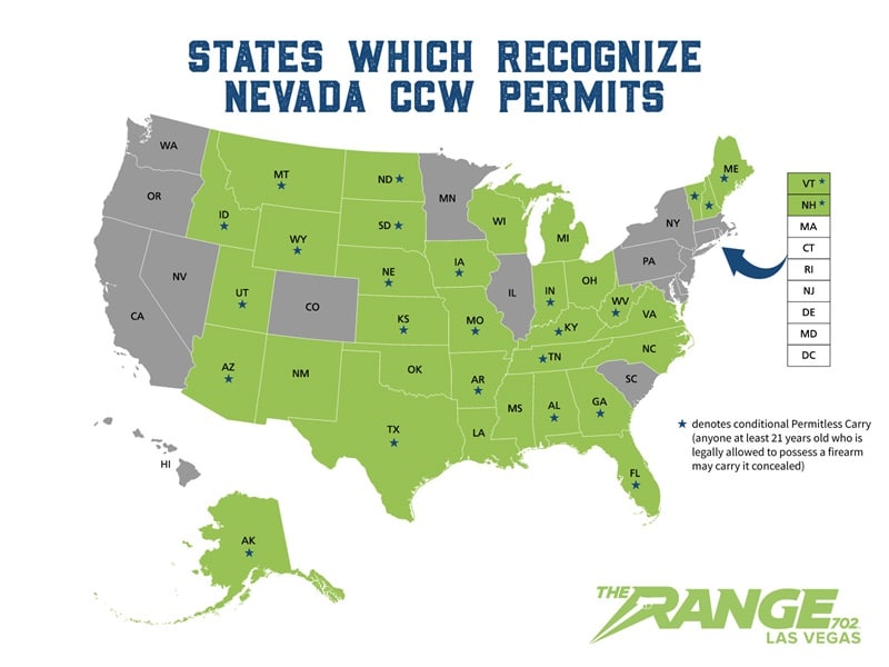 A map of the united States which highlights the states where a Nevada Concealed Firearms Permit (CCW) holder may legally carry a concealed firearm. Updated in November 2023.