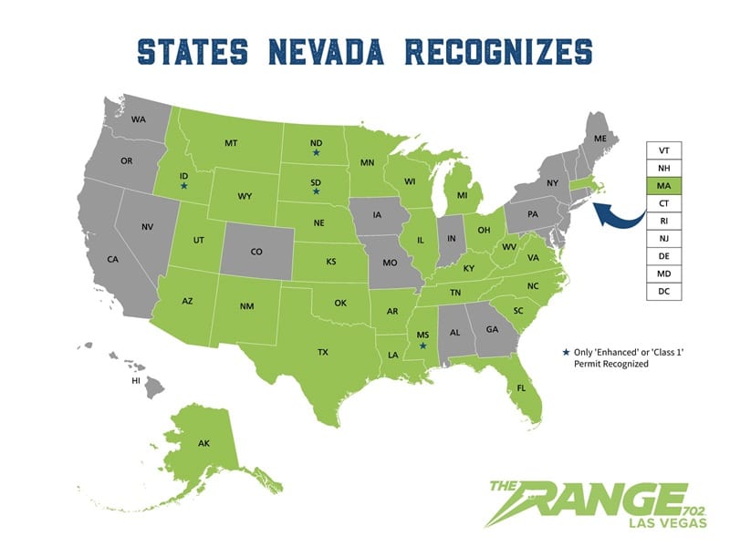 A map of the United States that highlights the states whose CCW permits Nevada recognizes as valid. Holders of CCW permits from these states may legally conceal a firearm in Nevada. Updated in November 2023.