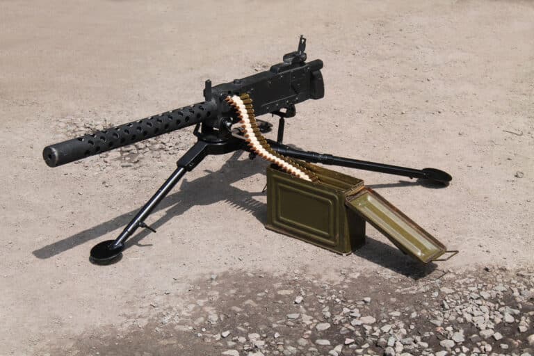 An M1919 Machine Gun On A Tripod With Ammunition.